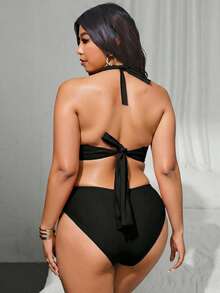 SHEIN Swim SXY Bộ bikini gợi cảm buộc dây cổ màu trơn dành cho nữ cỡ lớn, thích hợp mặc đi biển mùa hè. - màu đen - Xem 2