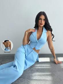 Firerie Women's Elegant Romantic 2-Piece Set, Featuring Halter Backless Design In Gray-Blue, Suitable For Party, Beach, Back To School, Date Night, Wedding Season, Birthday, Easter, Spring/Summer, Modest - Blue - View 8