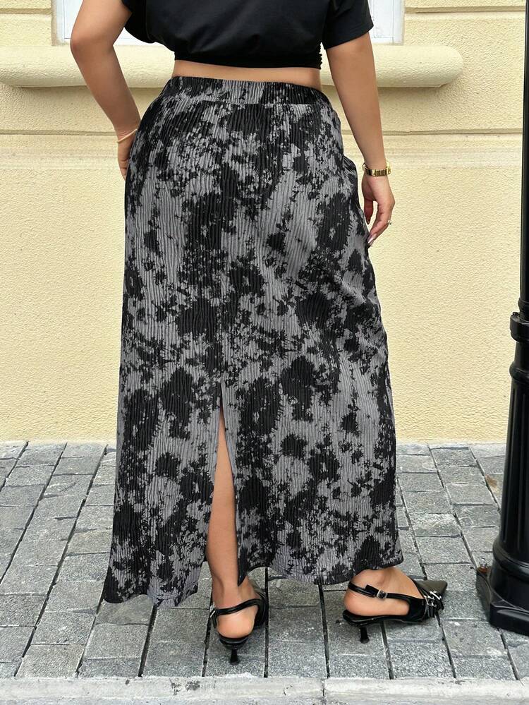 Dazy Plus Tie-Dye Contrast Color Elastic Waist Straight Long Casual Skirt, Plus Size For Spring/Summer