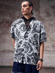 Skyrend Camisa de playa floral para hombre, graffiti vintage minimalista negro casual de verano XS-XXL - Negro - Ver 4