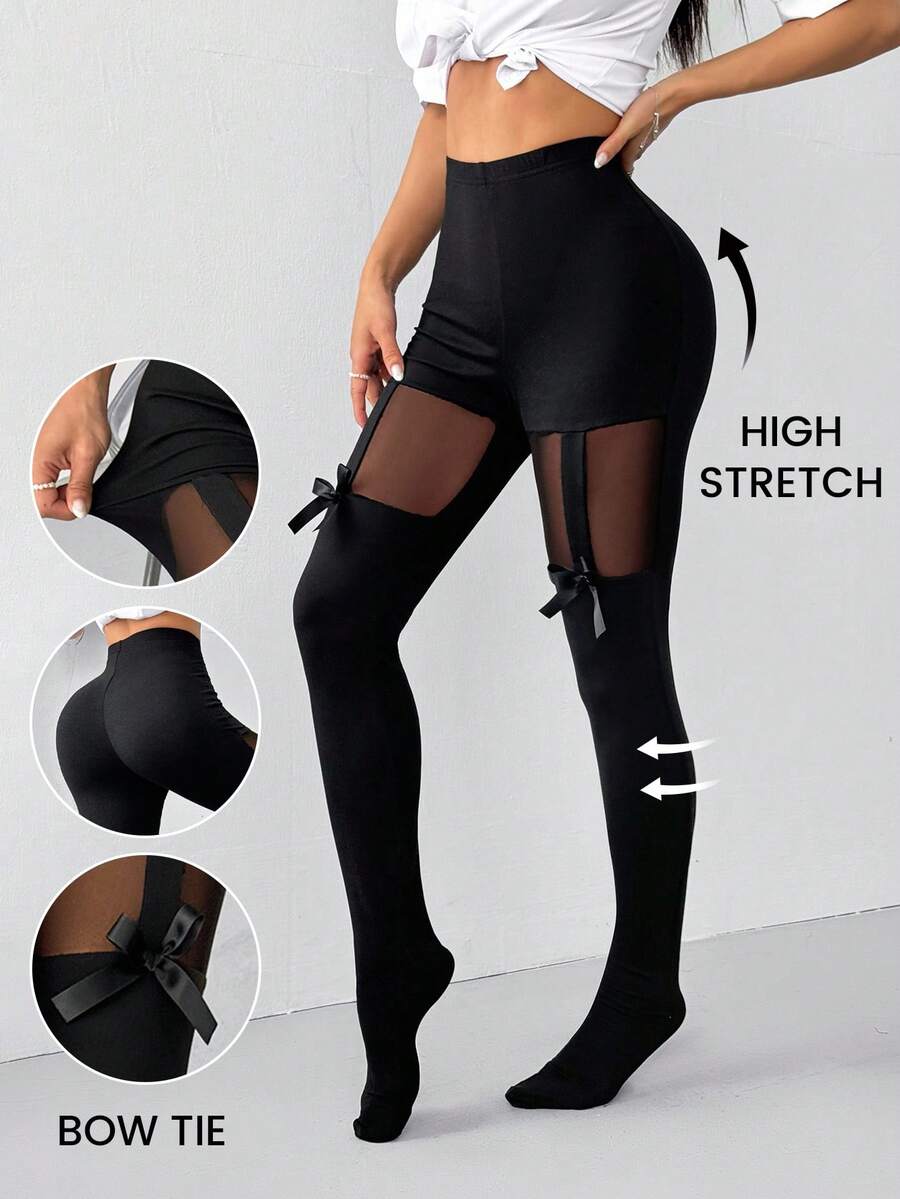 SHEIN EZwear Quần tất lưới vá trang trí nơ lưng cao trơn màu dành cho nữ - màu đen - Xem 1