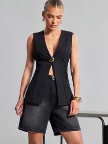 SHEIN Haute Áo vest thời trang nữ cổ chữ V sâu, thiết kế cúc kim loại - màu đen - Xem 4