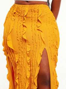 SHEIN SXY Yellow High-Elastic Knitted Ruffled Textured Fabric, Double-Slit High-Waist Long Skirt.Spring/Summer Casual Vacation Bohemian Elegant Suitable For Everyday Wear, Music Festival, Concert, Carnival Party, Beach Vacation, Date Night, Birthday, Bachelorette Party, Club, Cute, Casual, Shopping, Street Wear, Going Out, Easy To Match & Looks Slim, Accent Your Body, Flatter The Figure - Yellow - View 8