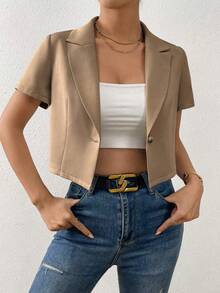 Pariaura Blazer Wanita Lengan Pendek Kancing Tunggal Warna Polos, Pakaian Kasual Musim Panas - Khaki - View 6