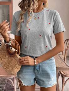 SHEIN Frenchy Áo thun ngắn tay nữ thêu chỉ họa tiết trái tim, kiểu dáng thường ngày, thích hợp mặc hàng ngày. Áo thun mùa hè, áo thun cotton nữ, áo thêu, áo kiểu mùa hè. - Xám - Xem 2