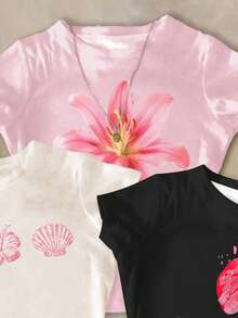 三件套多巴胺印花短袖圆领基础款T恤，黑色、米粉色、白色，休闲简约百搭，适合青少年女孩，春夏日常穿着、居家、度假皆宜。 - 彩色 - 查看 3