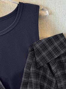 SHEIN Franclia 女士优雅复古百搭格子露肩长袖衬衫 - 藏蓝色 - 查看 4