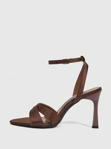 CUCCOO SZL Brown Satin Cross-Strap Square-Heeled Sandals, One-Strap High Heels Summer Shoes - Brown - View 4