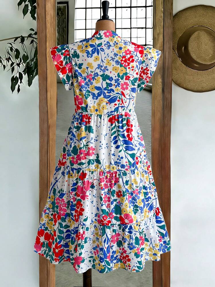 Plus Size Women's Summer Casual Vacation Country Plant Print  Ditsy Floral Print  V-Neck Ruffle Sleeve Casual Dress,Casual Holiday Style,Summer Outfits For Women ,Vacation Outfits Women ,Holiday Outfits For Women,Going Out Outfits,New Clothes,Simple And Fashionable For Everyday Wear,Suitable For Summer, Vacation, Daily Wear, Festival Outfits For Women,Country Concert Outfit,Beach Outfits For Women,Western Style,Flowy Dress,Gifts For Mother,Boho Dress