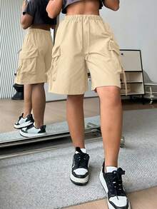 SHEIN BASICS Quần short Bermuda dáng rộng, cạp cao, màu trơn, chất liệu dệt, có túi hộp, thích hợp cho nữ. - Màu be - Xem 1