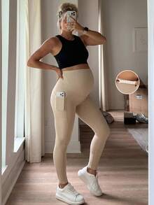SHEIN Adjustable Waist Pocket Casual Leggings For Pregnant Women - Khaki - View 1