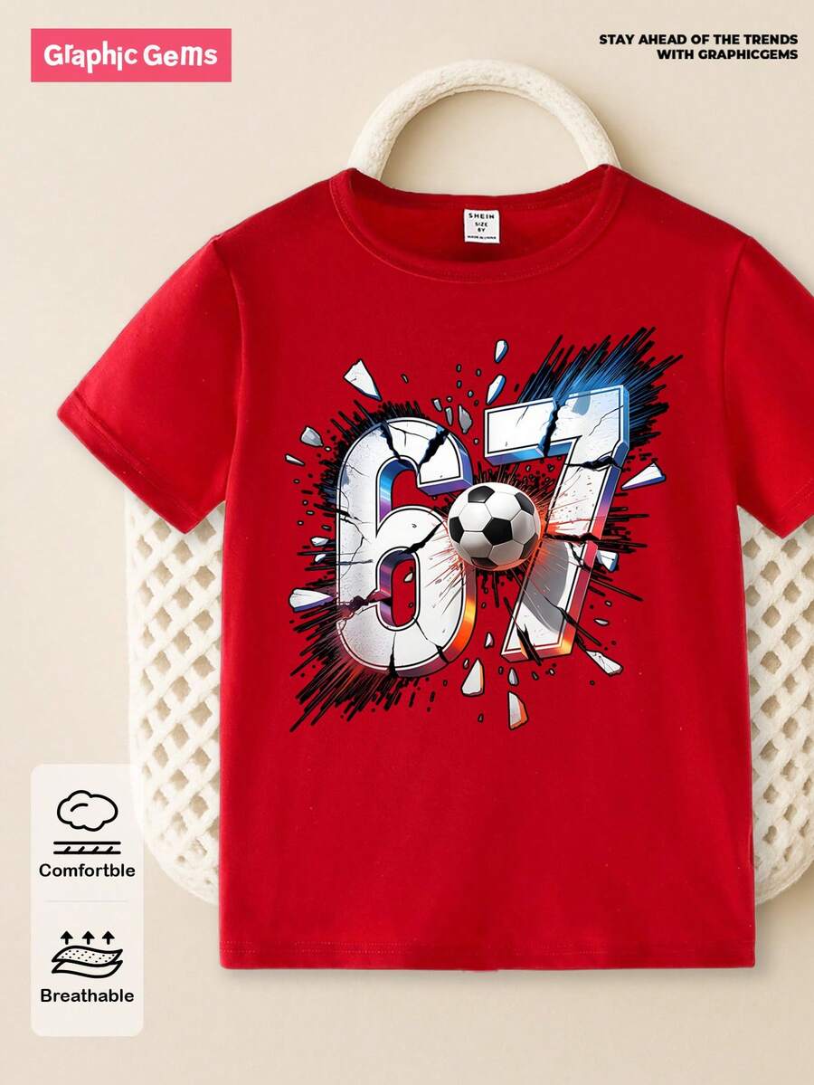 SHEIN 青少年男孩休闲时尚创意个性化清新简约数字67足球碎片图案印花舒适基础款短款T恤，适合春、夏、秋季休闲穿着。 - 紅色 - 查看 1