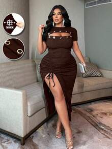 NU&NOW Plus Size Women's Brown Knitted Ribbed Dress,Hollow-Out Front Metal Eyelet,High Slit Drawstring Bodycon Midi,Sommar 70's Night Out Club Party - Brown - View 2