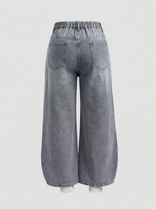 SHEIN MOD Quần jeans ống rộng màu xanh rách dáng rộng dành cho nữ cỡ lớn - Màu Xám nhạt - Xem 4