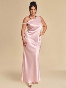 SHEIN BAE Plus Size Women's Elegant Dusty Pink Satin Maxi Dress,Summer One Shoulder Silk Look Chic Wedding Ninang Cocktail Party Outfits Curve Special Events - Pink - View 7