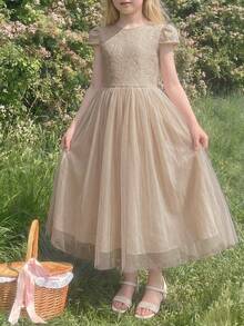 Tween Girl Elegant Contrast Lace Bow Decor Party Dress - Apricot - View 4