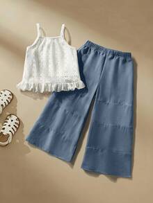 SHEIN 女童（小号）吊带背心套装，卡其色吊带背心搭配白色阔腿裤，休闲复古度假两件套 - 藍白色 - 查看 1