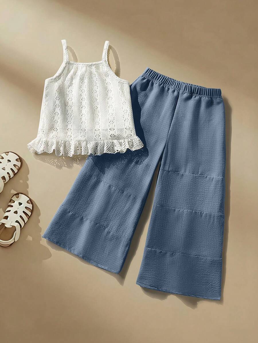 SHEIN 女童（小号）吊带背心套装，卡其色吊带背心搭配白色阔腿裤，休闲复古度假两件套 - 藍白色 - 查看 1