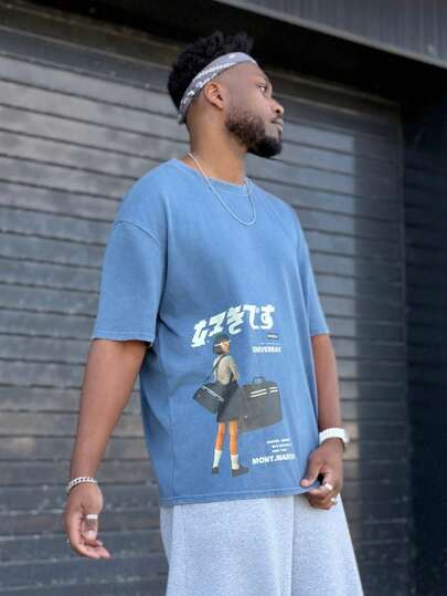 Heavens Edit Hemo, Men's Washed Vintage Cartoon Girl Print Round Neck Short Sleeve T-Shirt