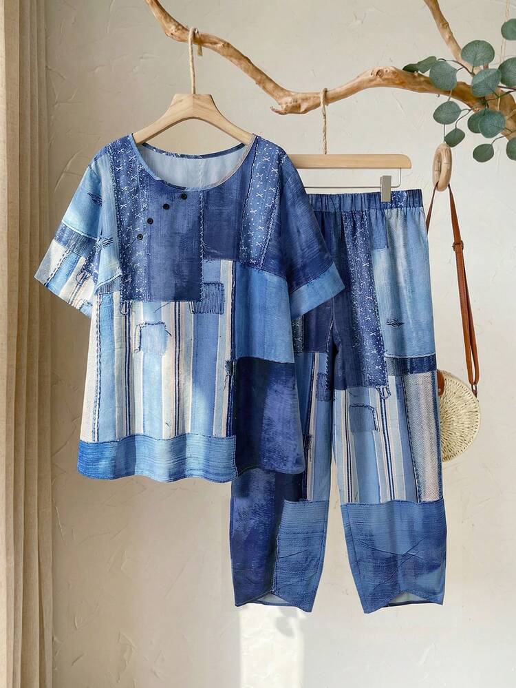Plus Size Women Denim Effect Print Short Sleeve Shirt And Pants Casual 2-Piece Set