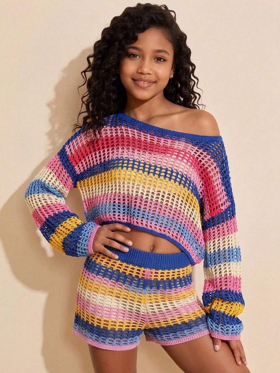 Travachic KIDS 少女寬鬆優雅短身彩虹條紋圓領套頭毛衣,長袖款式 - 彩色 - 查看 1