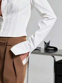 SHEIN Haute Áo sơ mi nữ dài tay kiểu dáng công sở sang trọng, cổ điển, gợi cảm, có gọng ở vai, dành cho nữ. - trắng - Xem 6