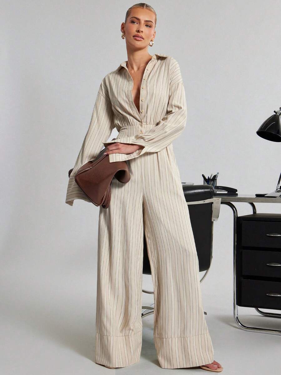 Hauture Bộ jumpsuit nữ dài tay cổ bẻ kẻ sọc gợi cảm, phong cách công sở thường ngày. - Màu Khaki - Xem 1