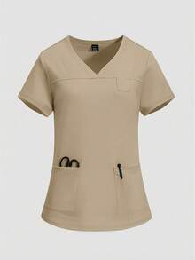 TaskEZ Simple Solid Color V-Neck Short Sleeve T-Shirt With Pockets Paired With Long Pants, Scrub Set - Khaki - View 6