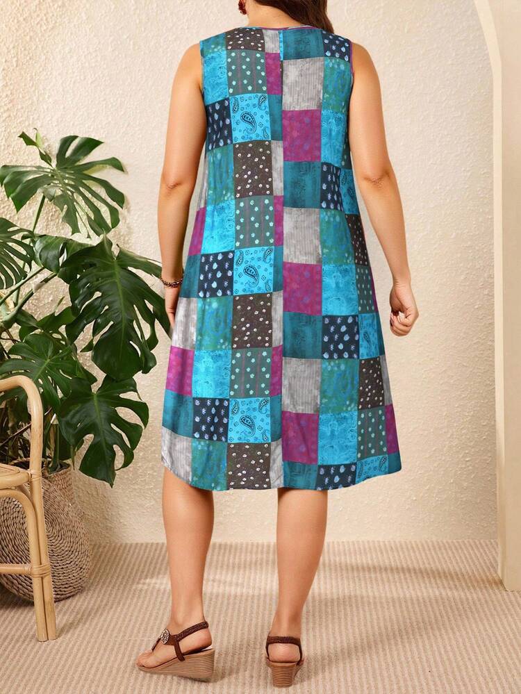 Plus Size Leisure Patchwork Printed Sleeveless Dress,Boho For Women/Summer,Western Wear Women,Vacation Outfits Woman