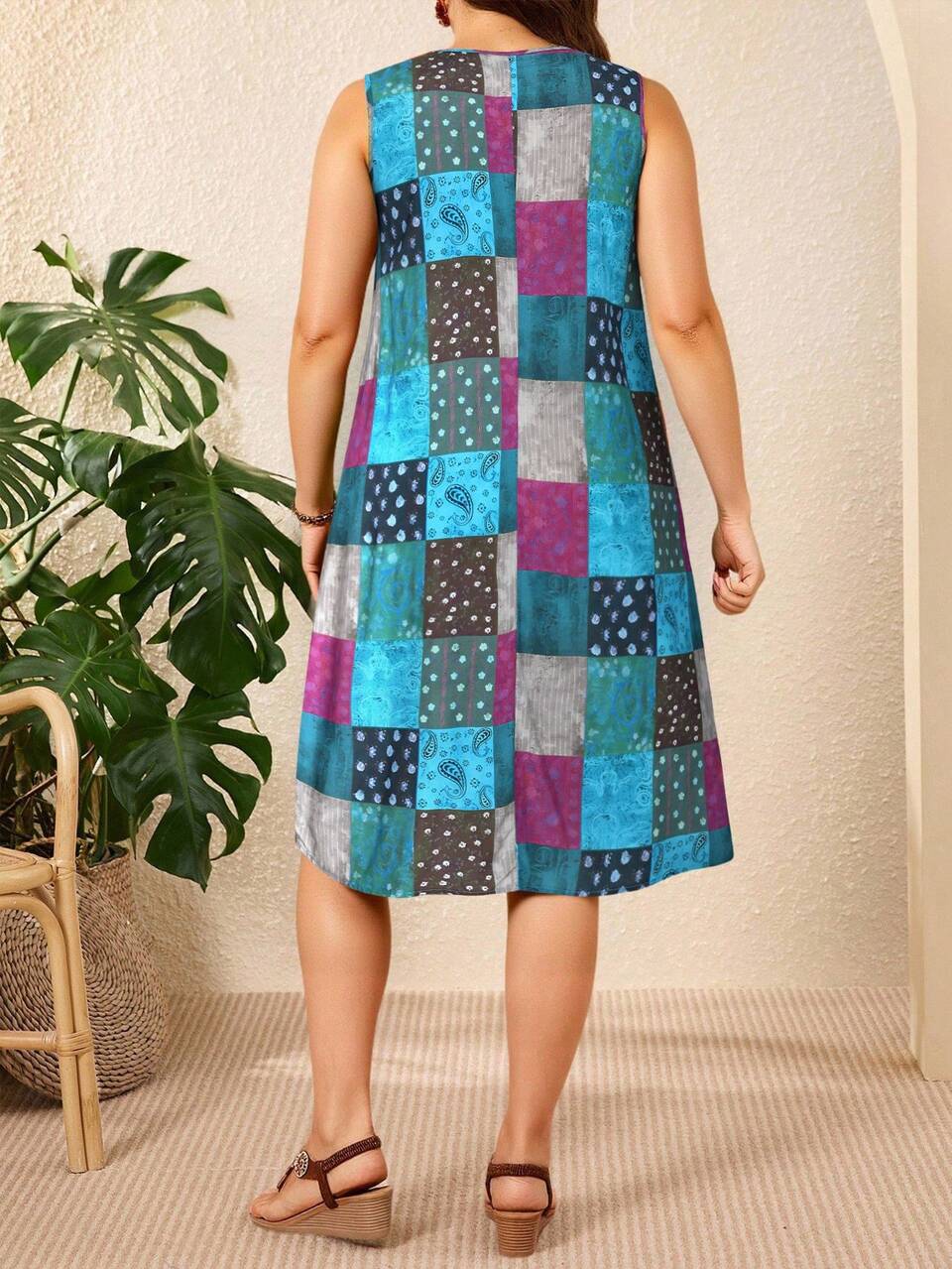 Plus Size Leisure Patchwork Printed Sleeveless Dress,Boho For Women/Summer,Western Wear Women,Vacation Outfits Woman