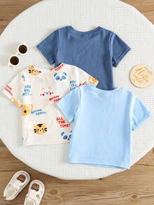 SHEIN 3件套男女宝宝休闲可爱动物印花圆领短袖蓝色针织T恤，3种颜色可选，适合春夏穿着 - 彩色 - 查看 2
