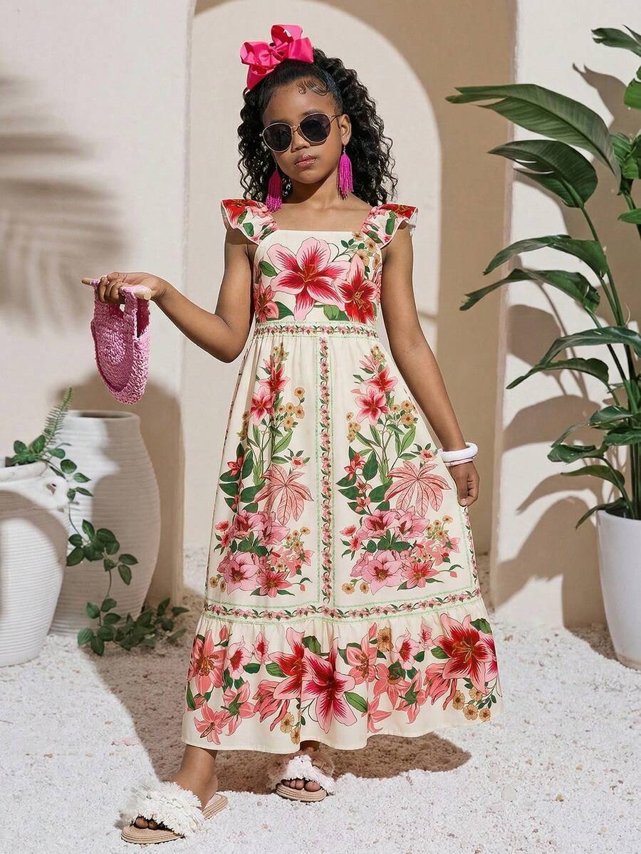 SHEIN Đầm đi nghỉ mát thanh lịch tay ngắn in hoa dành cho bé gái tuổi teen - Nhiều màu - Xem 1