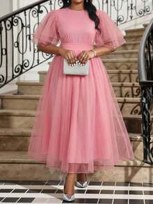 Fleurora 大码纯色圆领插肩袖网纱腰优雅连衣裙 - 粉色 - 查看 5