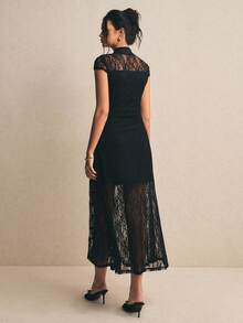 Poéselle New Chinese Style Lace Cheongsam Dress, Slim Fit Open Front High Slit Elegant A-Line Dress For Women - Black - View 2