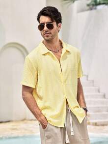 Mercer Haus Men's Yellow Striped Collar Short Sleeve Knit Shirt, Vacation, Button Front, Pocket, Summer, Button Down Shirt, Lightweight, Breathable, Cool, Casual Boyfriend,Husband,Father Gift - Yellow - View 4