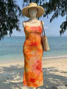 Veykashi 大码女士优雅夏威夷风情印花露背连衣裙，夏季沙滩装，女士海滩度假装，波西米亚热带度假套装 - 橘色 - 查看 6