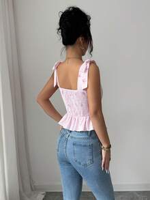 Elenzga Áo hai dây nữ mùa hè kiểu dáng thường ngày, kẻ sọc, nơ, buộc dây, xếp nếp. - Hồng - Xem 2