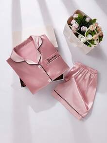 SHEIN Girls Classic Collar Solid Color Pocket Embroidered Short Sleeve Cardigan Matching Shorts Pajamas Set, Comfortable Casual Loungewear - Pink - View 4