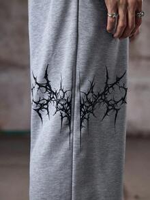 1 件街头休闲宽松夏季阔腿运动裤，正面和背面图案印花 - 淺灰色 - 查看 6