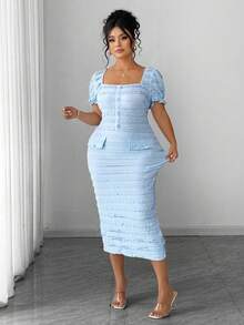 Elenzga Vestido Midi Bodycon Texturizado de Manga Curta com Decote Quadrado, Elegante, para Mulheres Plus Size - Azul - Visão 7