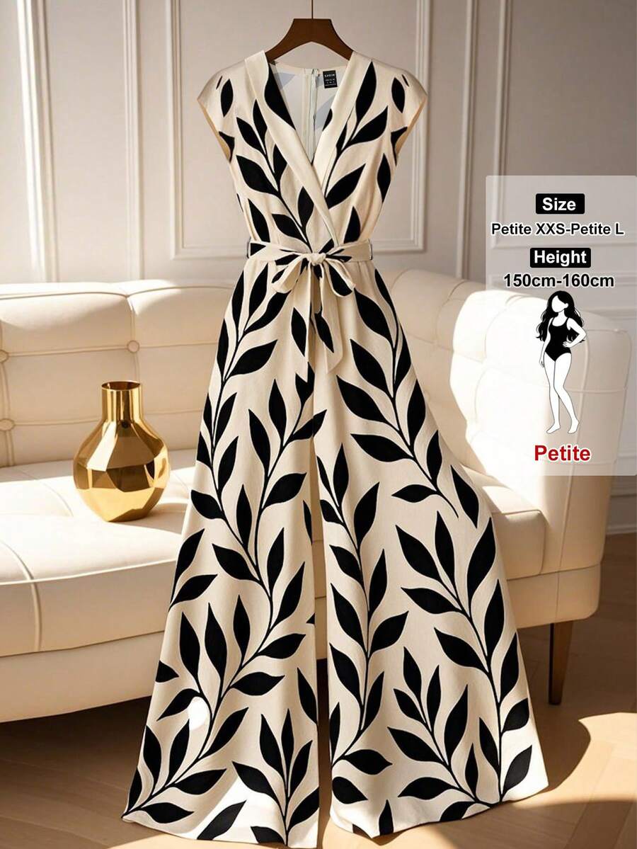 SHEIN PETITE Bộ áo liền quần mùa hè cho nữ, có thắt eo, quần ống rộng, họa tiết thực vật. - Nhiều màu - Xem 1