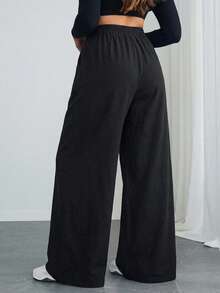 SHEIN Tall CURVE CURVE 大尺碼女款寬腿寬鬆長褲 黑色 秋季休閒 傳統高個女孩字母刺繡 高腰口袋 居家晚餐辦公 - 黑色 - 查看 3