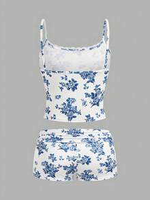 SHEIN Girlism Teen Girl Minimalist Korean Style Ditsy Floral Lace Trim Ruched Camisole And Ruched Waist Shorts Soft Comfortable Pajama Set, 2pcs - Blue and White - View 2