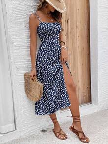 SHEIN Frenchy Women's Ditsy Floral Slit Design Casual Vacation Date Midi Slip Dress,Summer Dresses For Women - Green - View 4