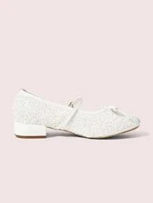 CUCCOO DOLLMOD Giày nữ mũi tròn, trang trí nơ, đính sequin trắng, bóng bẩy, dễ thương, đế dày, đế thấp, kiểu Mary Jane. - trắng - Xem 7
