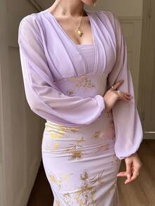 DAZY Damen Laternärmel Figurbetontes elegantes langes Kleid, Blumenkleid für Damen, Sommerkleid für Damen - Mauve - Übersicht 4