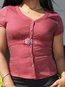 Steph T Women's Casual Striped Metal Decor Button-Up Short Sleeve Shirt, Spring - Burgundy - View 6