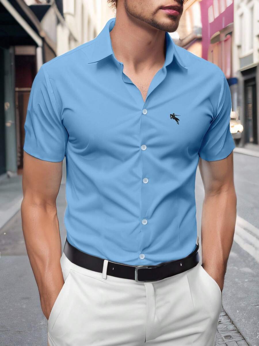 Manfinity Mode Women's Casual Everyday Wear Shirt With Knight Embroidery Pattern, Single-Breasted, Formal - Blue - View 1