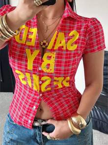 POPSWAY Áo sơ mi ngắn tay kẻ caro đỏ kiểu retro dành cho nữ cỡ lớn, áo kiểu ôm dáng in chữ mùa hè. - Đỏ - Xem 1