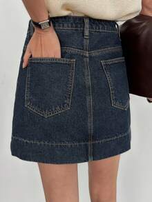 DAZY 女士夏季直筒休闲牛仔迷你裙 - 深色水洗藍 - 查看 6